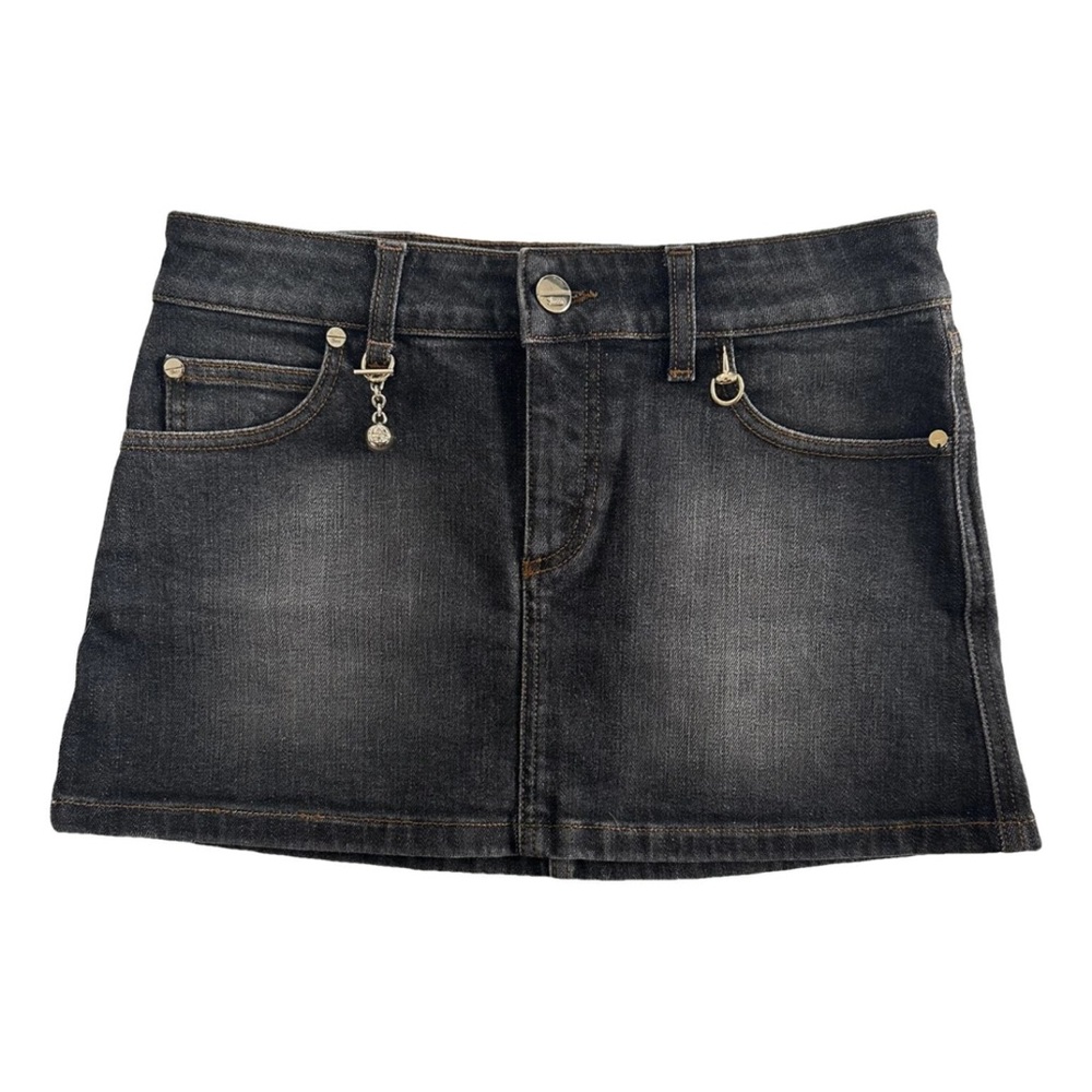 Vintage Y2K Gucci Mini Denim Skirt Tassel Logo Ball on Chain Accessory GG